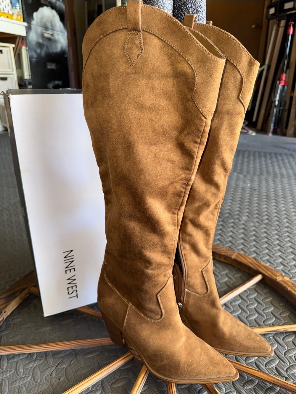Nine West Cognac Suede Knee-High Pointed-Toe Heeled Boots